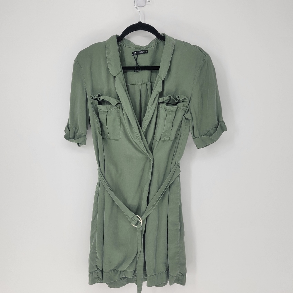 Zara Womens Olive Green Cargo Wrap Short Sleeve Dress Small